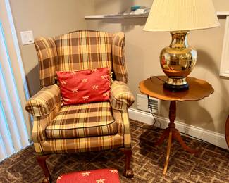 Queen Ann Wingback Chair, small accent table & lamp 