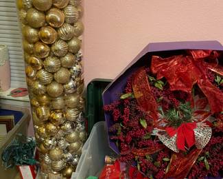 Christmas Ornaments, wreaths, and lots of gift wrap