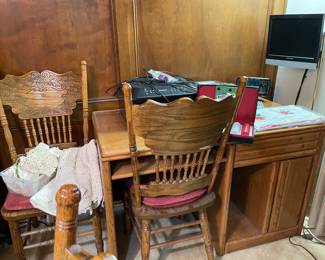 Oak Desk, Doillies, Matching Chairs