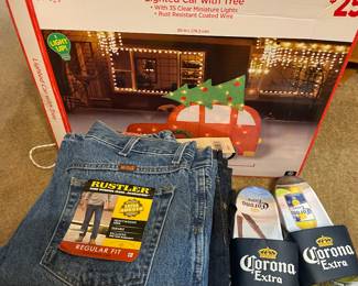 Several Blue Jeans New with Tags , Corona Flip Flops, Christmas Lighted Car 