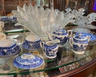 Child’s Blue Willlow Tea Set , large Glass Basket 