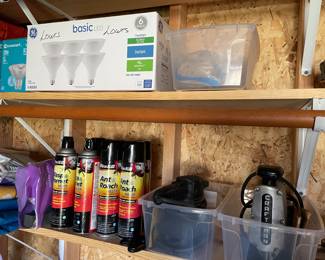 Light Bulbs, all kinds and lots of them, pest control sprays, Sanders, New tarps 