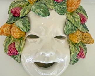 Vintage Italian majolica "Bacchus" or "Four Seasons" face mask wall plaque
