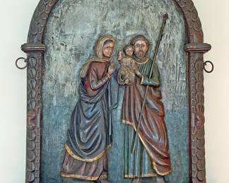 Hand-carved Wooden Relief Plaque – Holy Family