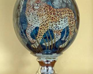 Decorative ostrich egg mounted on vintage candle holder made for the Colonial Candle Company