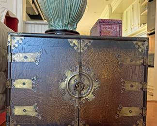 Korean tansu-style Cabinet and Ceramic Urn-Style Table Lamp 