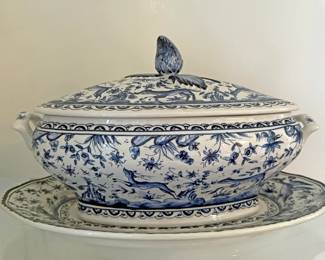 Blue and white ceramic covered serving dish or tureen with a matching underplate
