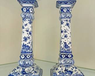 Dutch Delftware ceramic candlesticks, hand-painted in the traditional blue and white style 