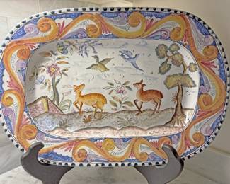 Hand-painted ceramic oval platter in the traditional style of Coimbra pottery from Portugal