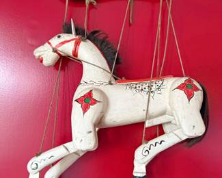 Hand-carved wooden horse marionette 