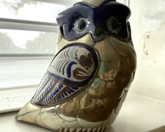 Tonala Mexico pottery and brass owl figurine 