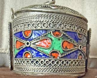 Moroccan Berber or North African enameled silver box constructed with a traditional piece of tribal jewelry