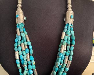 Magnificent Native American Sterling and Turquoise Multi strand Neclace by Tony Aguilar 