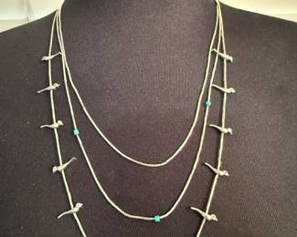 Native American Sterling and Turquoise 3 strand Fetish Necklace