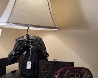 Vintage Marcus Brothers Black Wicker Horse Head Purse Lamp, Fendi Wallet