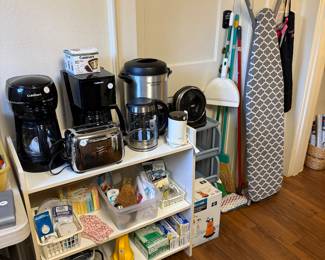Kitchen appliances, Ironing board, cleaning items, pump, storage cart, fan, etc.