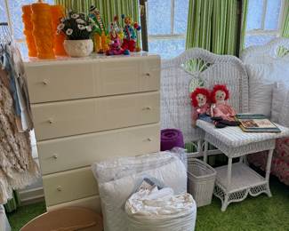 Twin Wicker Headboard/Frame, Wicker Nightstand, Chest, Linens, Decor