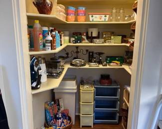 Pots, Cleaning supplies, Tupperware, Silver Plate, Trashcan, Storage Carts, Paper products, Iron, Shelf paper, etc.