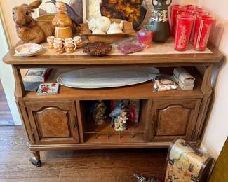 Rolling Tea Cart, Vintage Lefton Monk Decanter set, Vintage Culver’s Red and Gold Siam Thai Goddess High Ball glasses, etc.