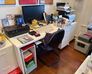 Office Desk, File Cabinets,  Desk Chair, Printers, Monitor, office supplies