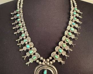 Beautiful Native American Sterling and Turquoise Squash Blossom 