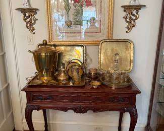 Mahogany ball and claw Server, Brass Samavor and serving pieces, Art