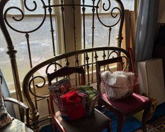 Brass Head/Foot Board, Needlepoint chairs, linens