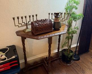 Table, Candle sticks, plant