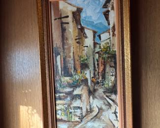 Framed oil European street scene