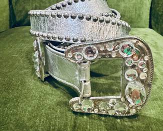 Vintage St. Maarten Dallas silver leather and studded rhinestone belt
