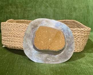 Raffia woven belt with stone inlay silver metal buckle