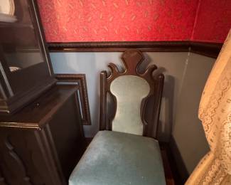 Pair of heavy side chairs Robins egg blue velvet upholstered 