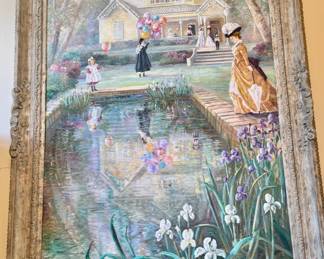 Framed Victorian Life scape reflecting pond and getting ready for a celebration. The relaxing days of a bygone era