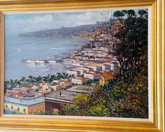 Framed art depicting Da Via Palizzi" by Luigi D'Angelo. Of  a coastal scene with buildings cascading down a hillside towards the water