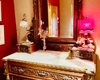 Antique, ornate, beautifully hand carved, Italian possibly, chest of drawers with marble top and dressing mirror