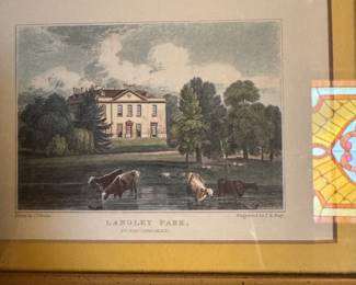 The image is a c. 1830 antique print titled "Langley Park, Buckinghamshire". It was drawn and engraved by John Preston Neale and S. Lacey, and published as part of a series called Views of the Seats of Noblemen and Gentlemen