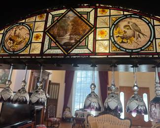 Old English leaded stained glass on canopy pub bar