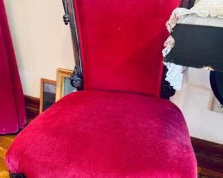 Pair of 19th century antique Victorian style walnut carved red velvet upholstered side chairs