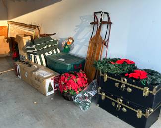 Snow sled, Christmas tree, Steamer trunks 
