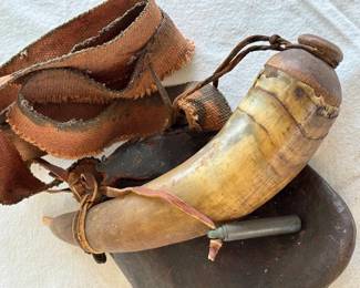 Antique powder horn with leather shot pouch...
