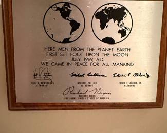 Replica/commemorative Apollo 11 plaque--literal replica of the one left on the Moon in July 1969. 
