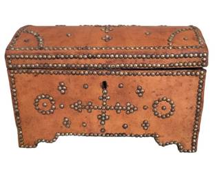 Vintage Leather Wrapped Studded Domed Wooden Locking Chest
