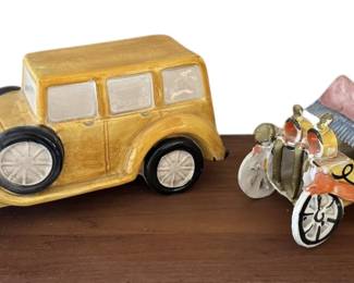 Yellow Ceramic Vintage Car and Whimsical Mied Media Sculpture