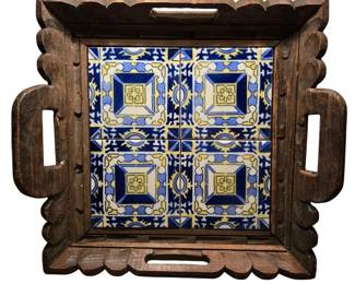 VTG Handcarved Wood and Handpainted 4 Floral Tile Inserts Handled Serving Tray