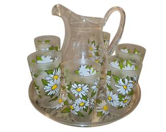 Vintage Set of Six HJ Stotter White Clear Daisy Acrylic Glasses with Matching Tray
