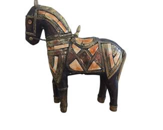 Hand Carved Trojan Inspired Horse Statue Made of Wood Bone Brass