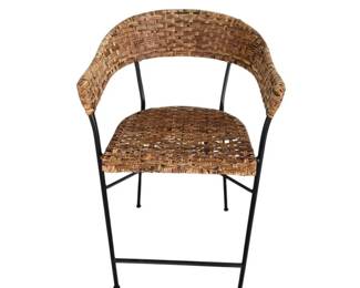 Black Metal and Woven Rattan Counter Height Bar Stool