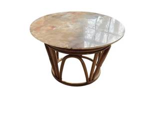 Round Coffee Table with a Rattan Base and an Inlaid Onyx or Selenite Top
