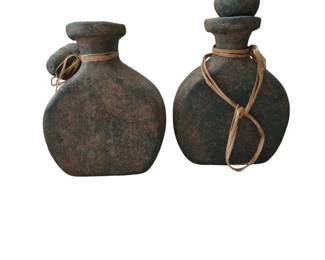 Pair of Southwest Green Patina Terra Cotta Water Vessels with Stoppers