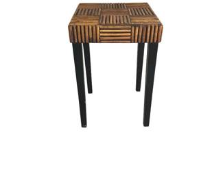 Vintage Pencil Reed Coastal Chinoiserie Drink Side Table with Black Legs and a Diagonal Pattern Top